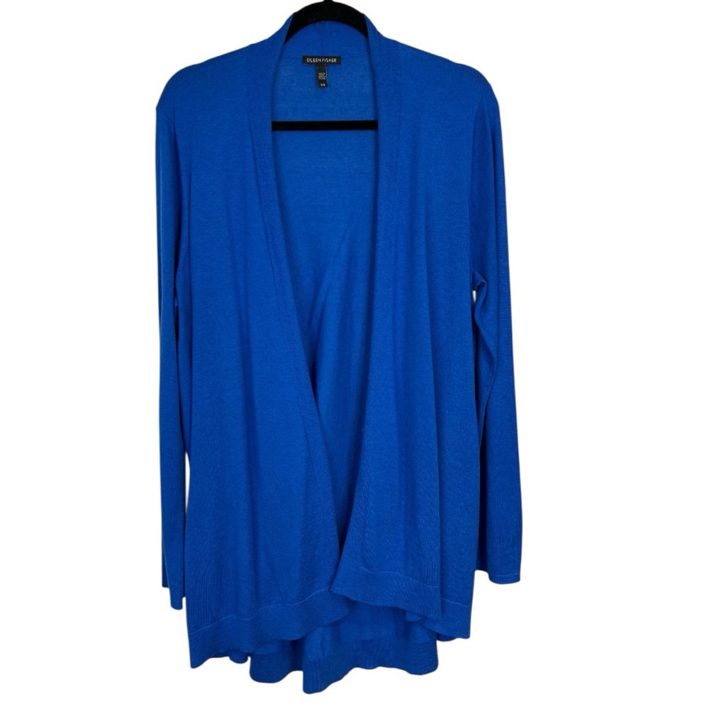 Eileen Fisher Women Organic Cotton Silk Cardigan  Blue Open Front sweater Size L